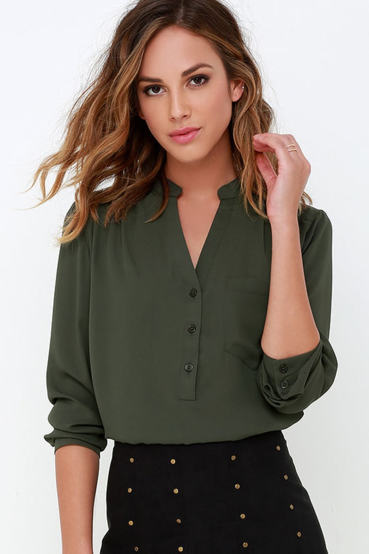 Cute Olive Green Top - Long Sleeve Top - Olive Green Blouse - $37.00 - Lulus