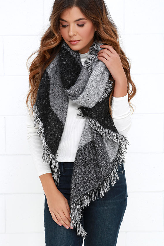 black and grey blanket scarf