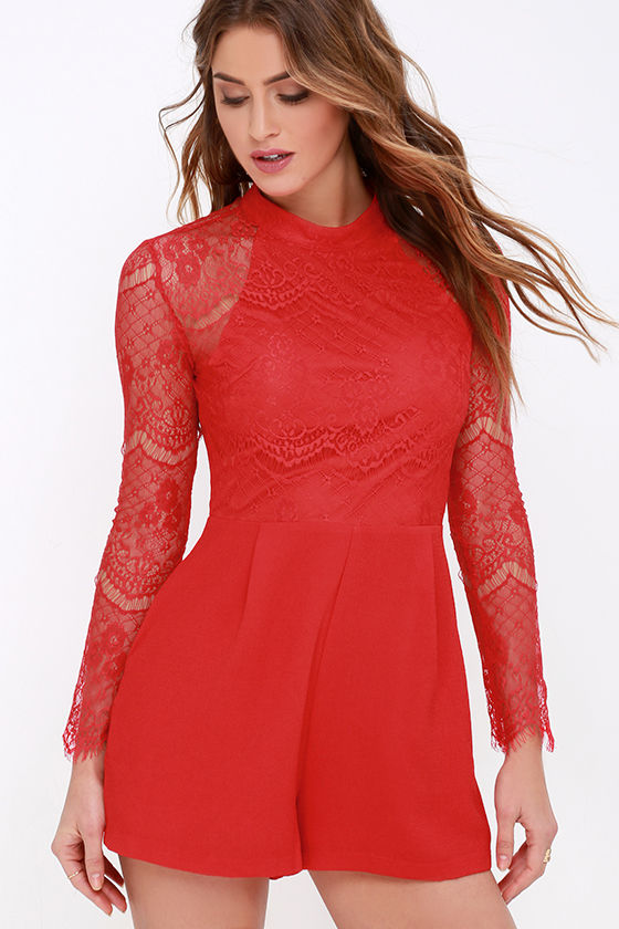 Red Romper Long Sleeve Romper Lace Romper 5900 Lulus 5495