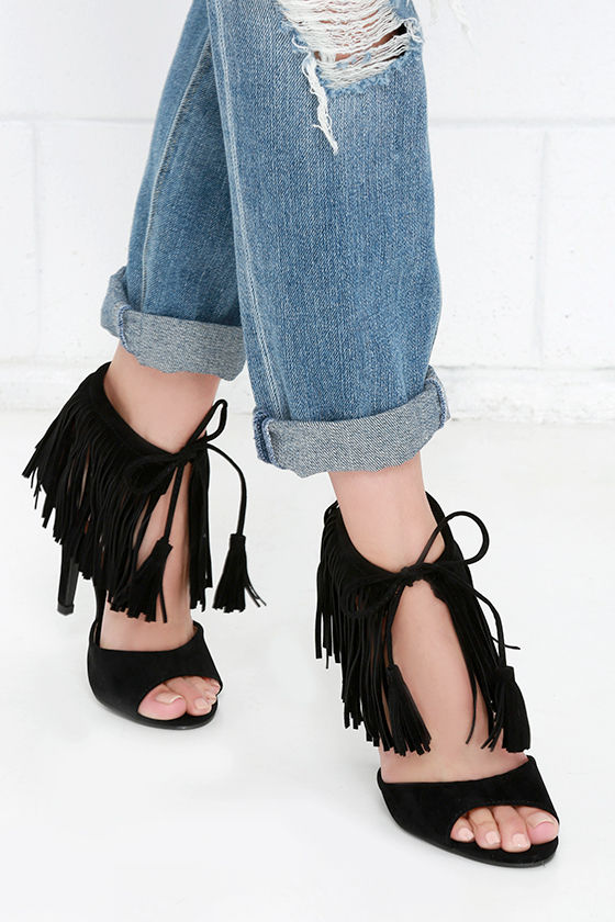 Chic Black Heels - Fringe Heels - Suede Heels - Tassel Heels - $32.00