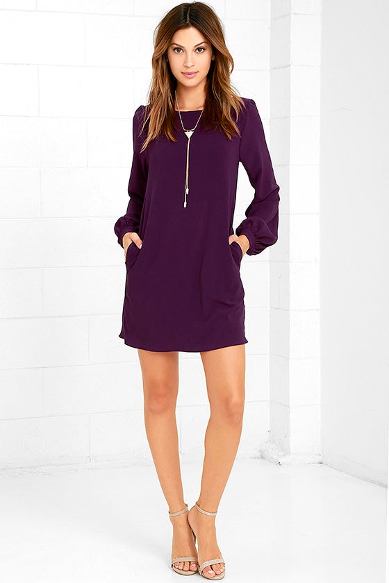 Cute Purple Dress - Shift Dress - Long Sleeve Dress - $38.00 - Lulus