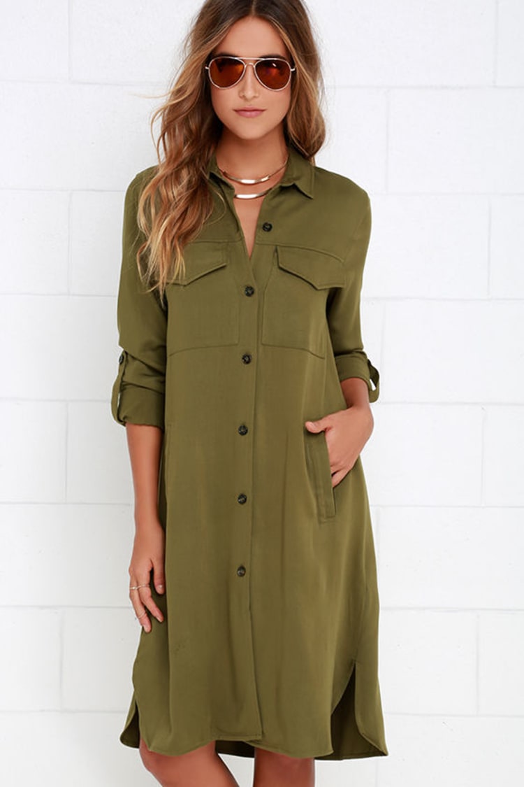 Cute Olive Green Dress - Shirt Dress - Lightweight Jacket - $64.00 - Lulus