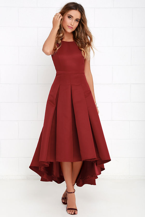 wine red high low dress