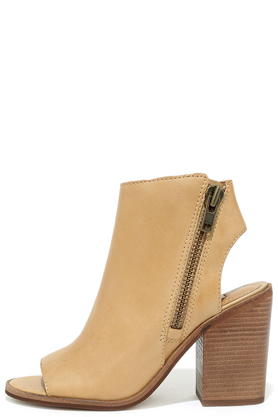 tan leather open toe booties