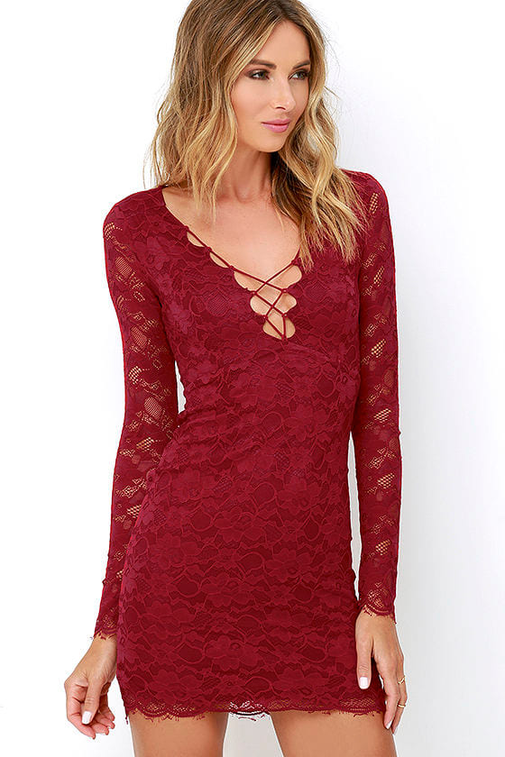 Beautiful Lace Dress - Wine Red Dress - Long Sleeve Dress - $49.00 - Lulus