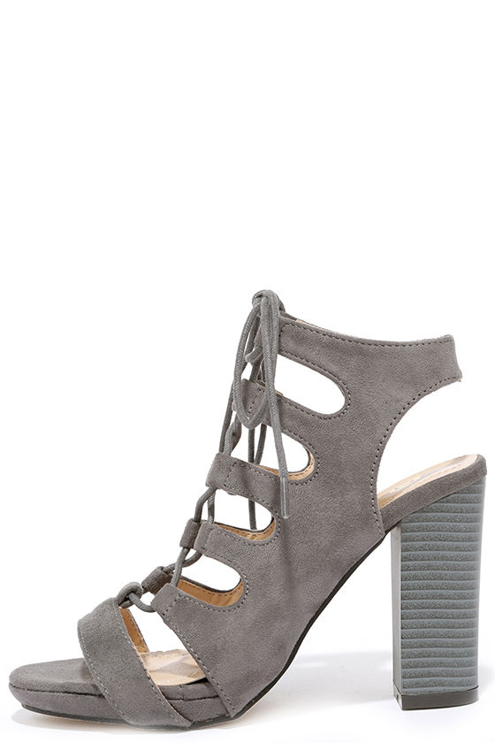 gray tie up heels