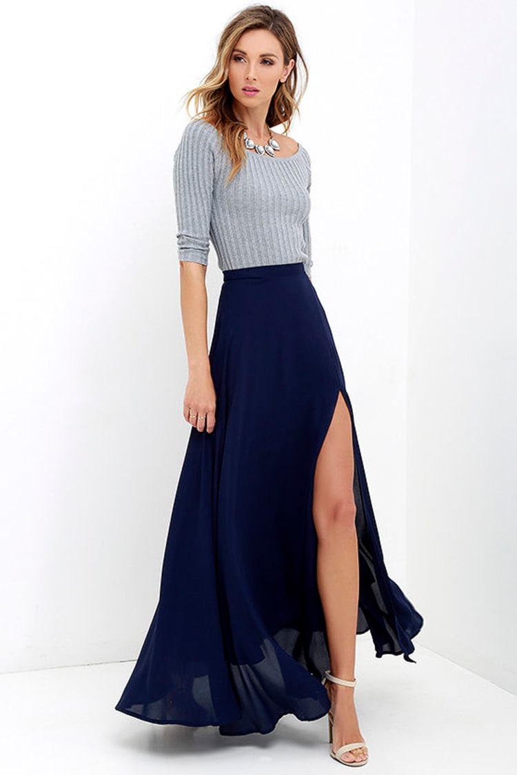 Lovely Navy Blue Maxi Skirt - High-Waisted Skirt - Slit Maxi Skirt - $49.00  - Lulus