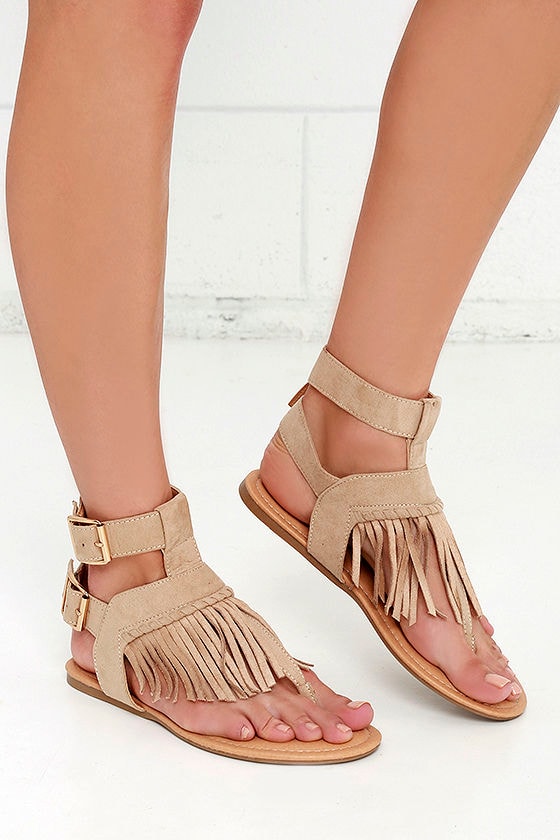 Fringe Sandals - Flat Sandals - Natural Suede Sandals - Lulus