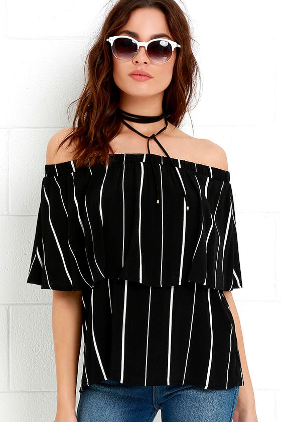 Cute Striped Top - Off-the-Shoulder Top - Ivory and Black Top - $32.00 ...