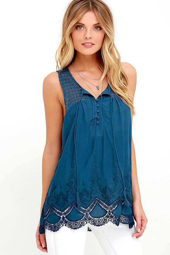 Boho Navy Blue Top - Lace Top - Embroidered Top - $58.00 - Lulus