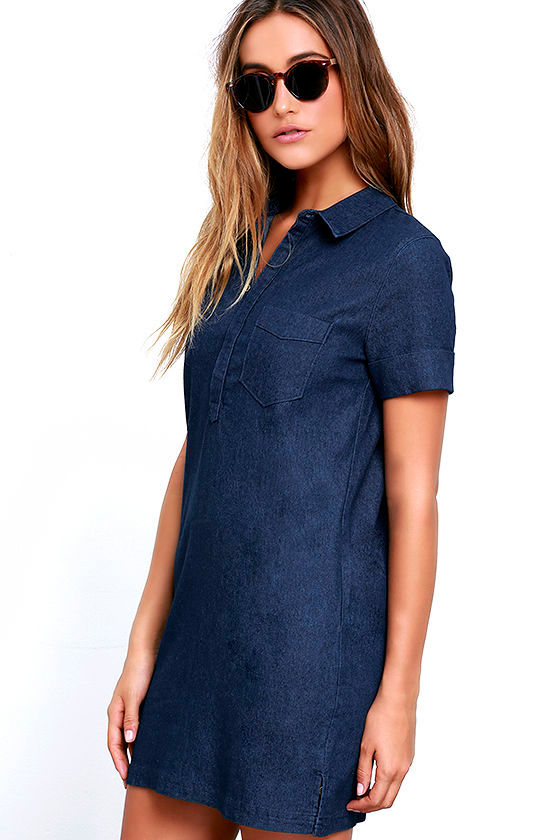 Dark Blue Dress - Shirt Dress - Chambray Dress - Short Sleeve Dress ...