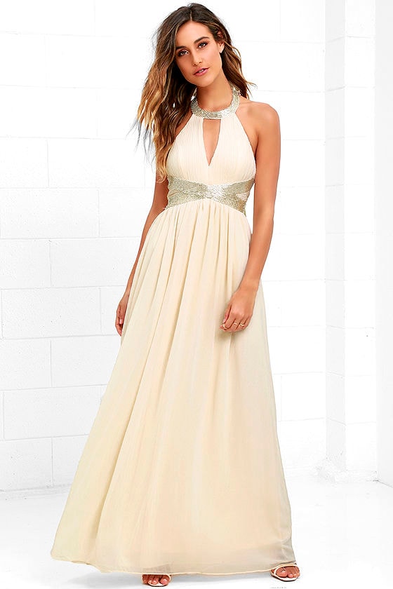 Gorgeous Cream Dress - Halter Dress - Maxi Dress - Beaded Dress - $89. ...