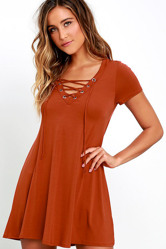 Cute Rust Orange Dress - Lace-Up Dress - Jersey Knit Dress - $42.00 - Lulus