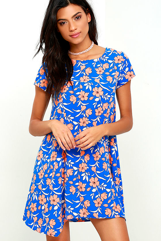 Pretty Blue Dress - Floral Print Dress - Short Sleeve Dress - $49.00