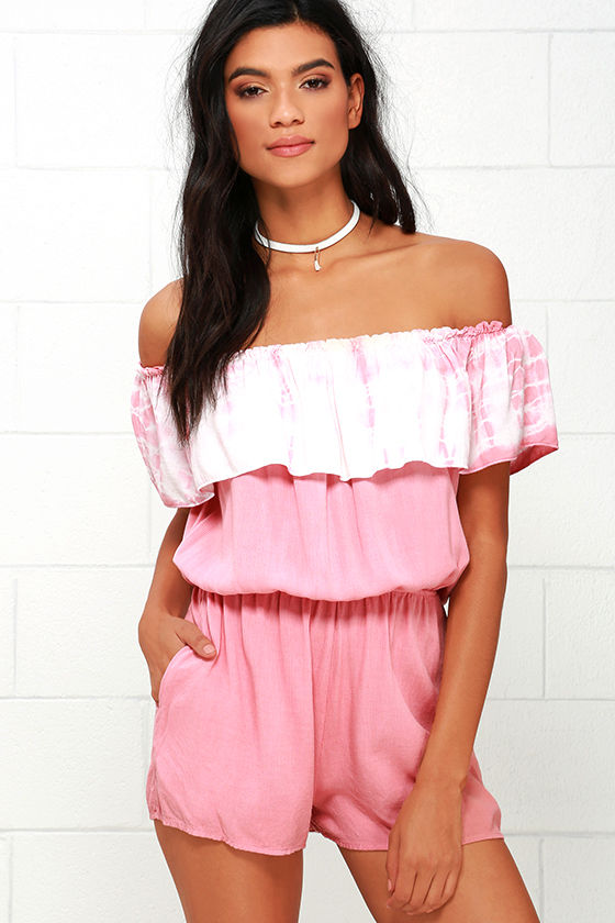 Lovely Tie Dye Romper Blush Pink Romper Off The Shoulder Romper 0476