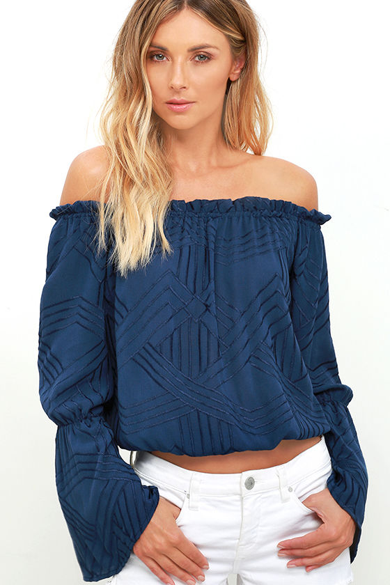 Cute Navy Blue Top - Off-the-Shoulder Top - Embroidered Top - $54.00 - Lulus