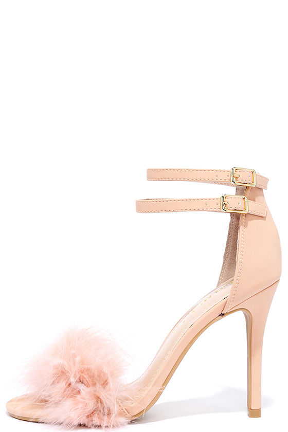 heels with feathers on front