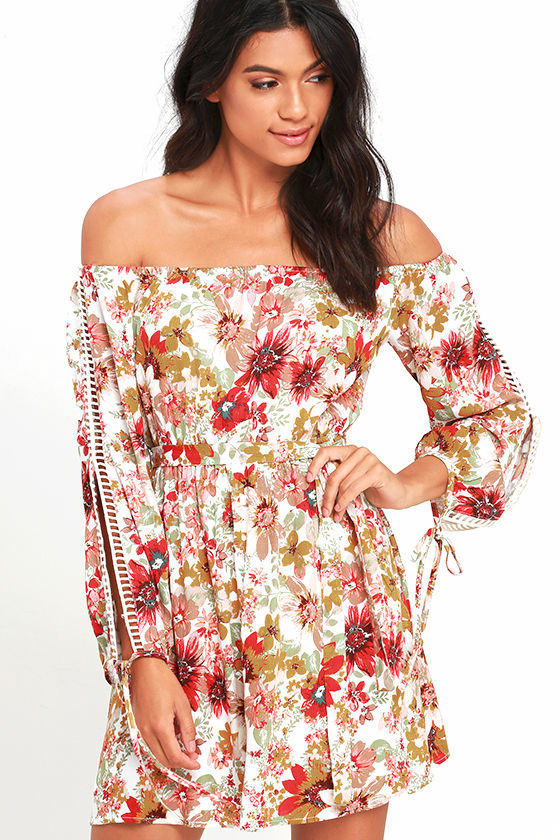 Fun Floral Print Dress - Off-the-Shoulder Dress - Long Sleeve Dress ...