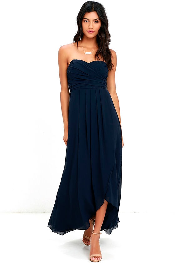 Stunning Navy Blue Dress - High-Low Dress - Maxi Dress - Strapless Gown ...