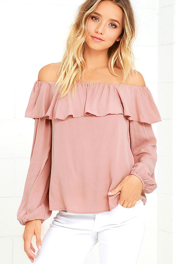 Cute Mauve Top - Off-the-Shoulder Top - Three-Quarter Sleeve Top - $42. ...