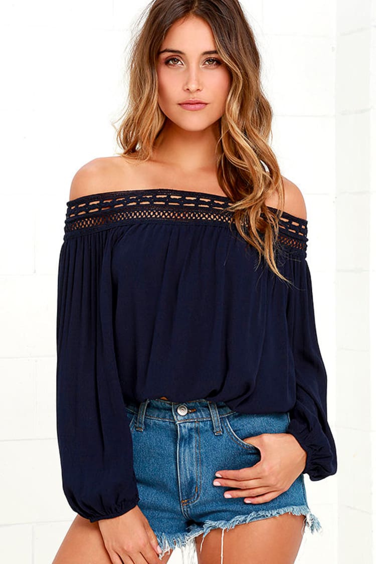 Chic Navy Blue Top - Off-the-Shoulder Top - Lace Off-the-Shoulder Top -  $39.00 - Lulus