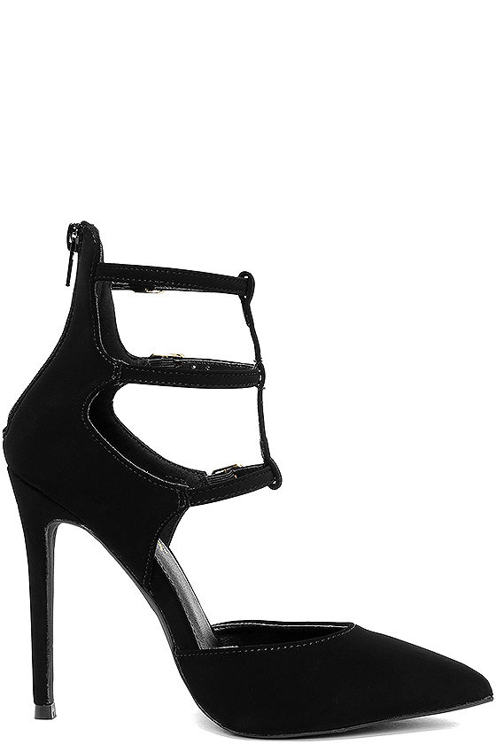 Sexy Black Heels - Caged Pumps - Pointed-Toe Pumps - $36.00