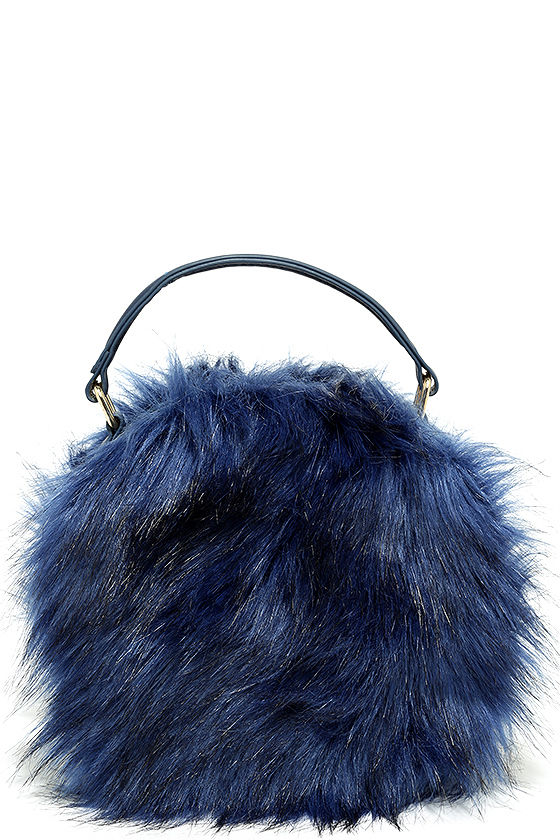 blue faux fur bag