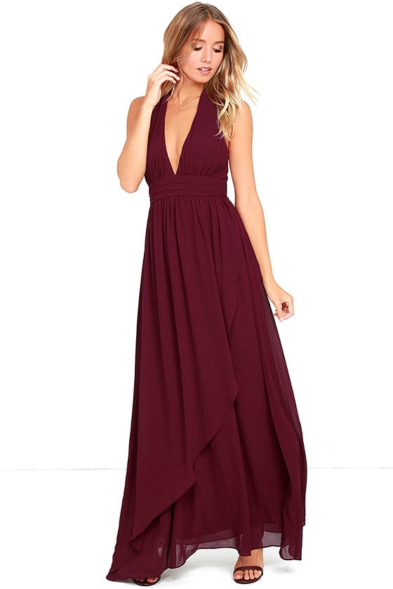 burgundy halter maxi dress
