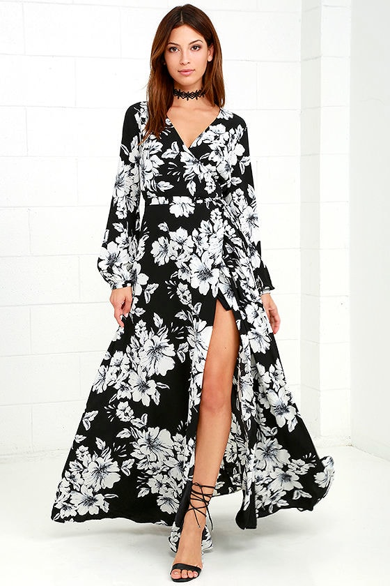 Beautiful Black Floral Print Dress - Maxi Dress - Wrap Dress - Long ...