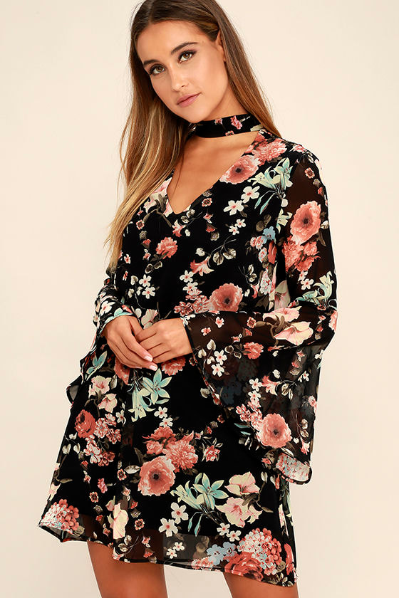 Lovely Black Floral Print Dress - Bell Sleeve Dress - Shift Dress ...