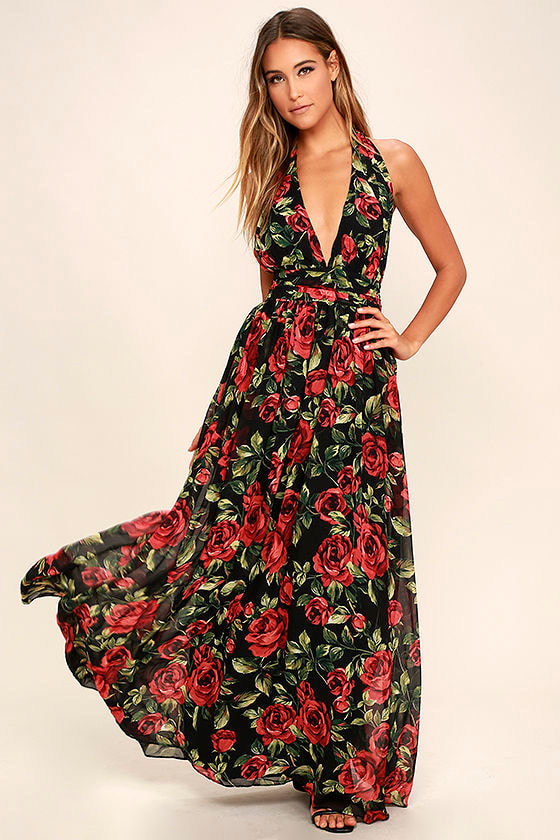 Sexy Black Floral Print Dress - Halter Dress - Maxi Dress - $89.00 - Lulus