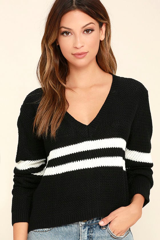 Cute Black And White Striped Sweater Cropped Sweater V Neck Sweater