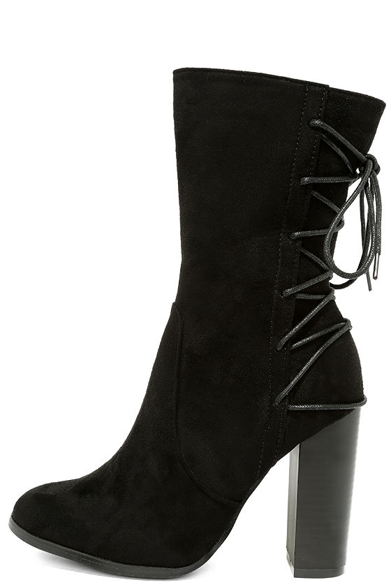 Cool Black Suede Boots - High Heel Boots - Mid-Calf Boots - Lace-Up ...