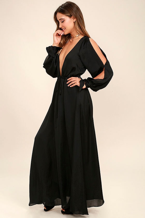 Chic Black Dress - Maxi Dress - Satin Dress - Cold Shoulder Dress - $94.00