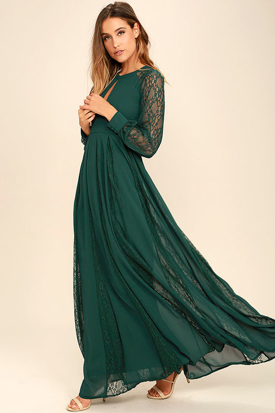 Lovely Forest Green Dress - Maxi Dress - Lace Dress - Long Sleeve Dress ...