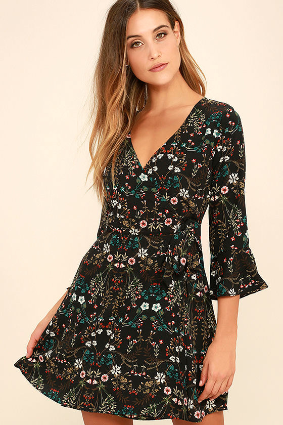 Cute Black Floral Print Dress - Wrap Dress - Long Sleeve Dress - $48.00 ...