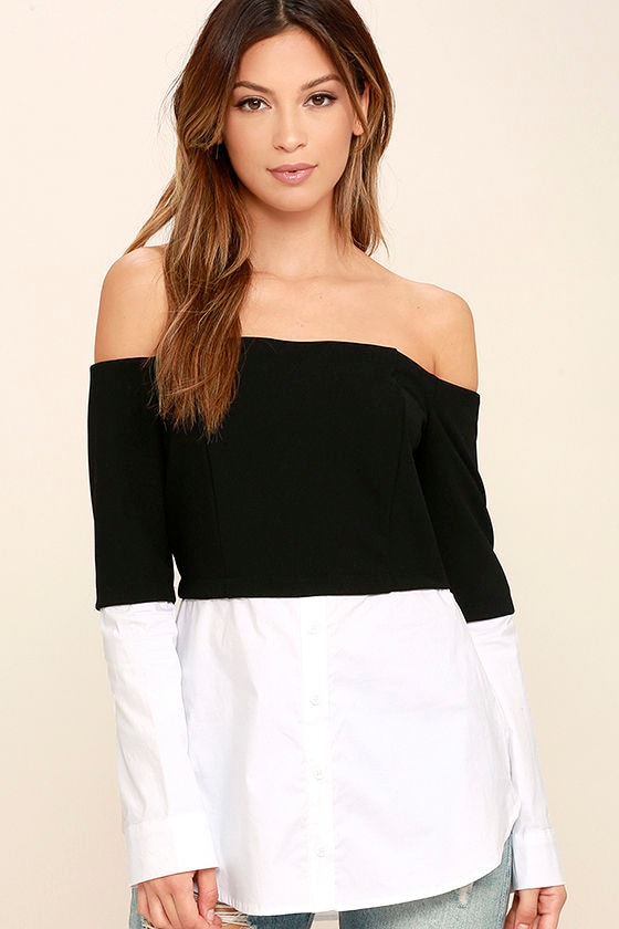Chic Black and White Top - Off-the-Shoulder Top - Long Sleeve Top - $48.00  - Lulus