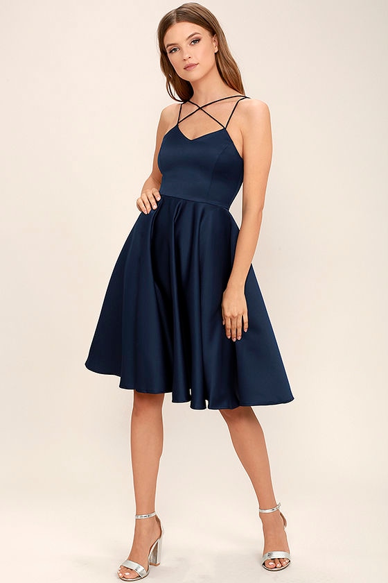 Lovely Navy Blue Dress - Strappy Dress - Midi Dress - Fit and Flare ...