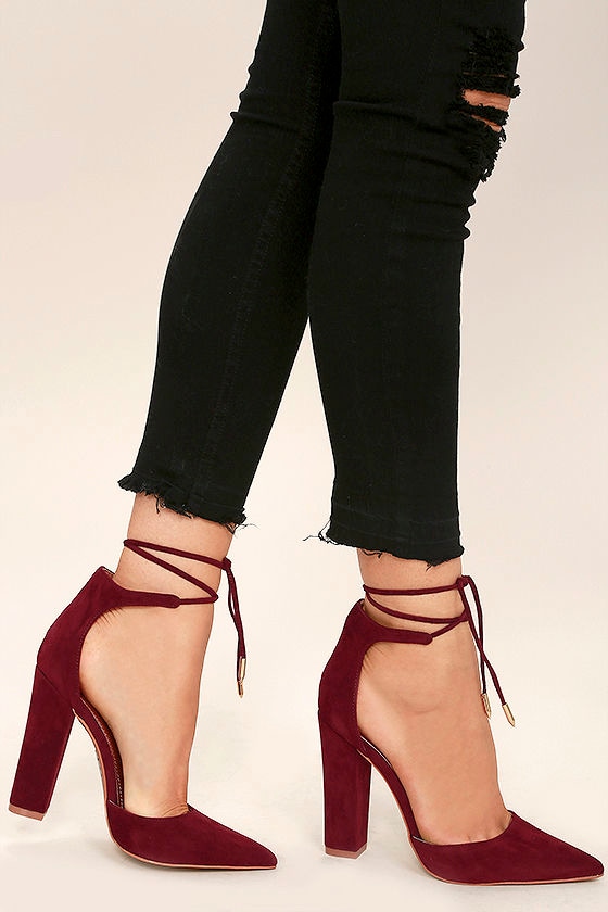 burgundy lace up heels
