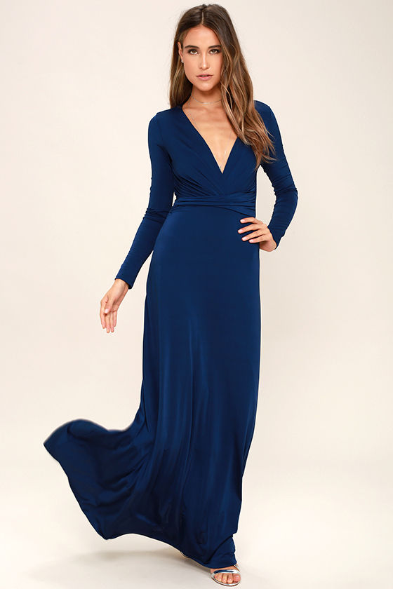 Lovely Navy Blue Dress - Maxi Dress - Long Sleeve Dress - $64.00 - Lulus