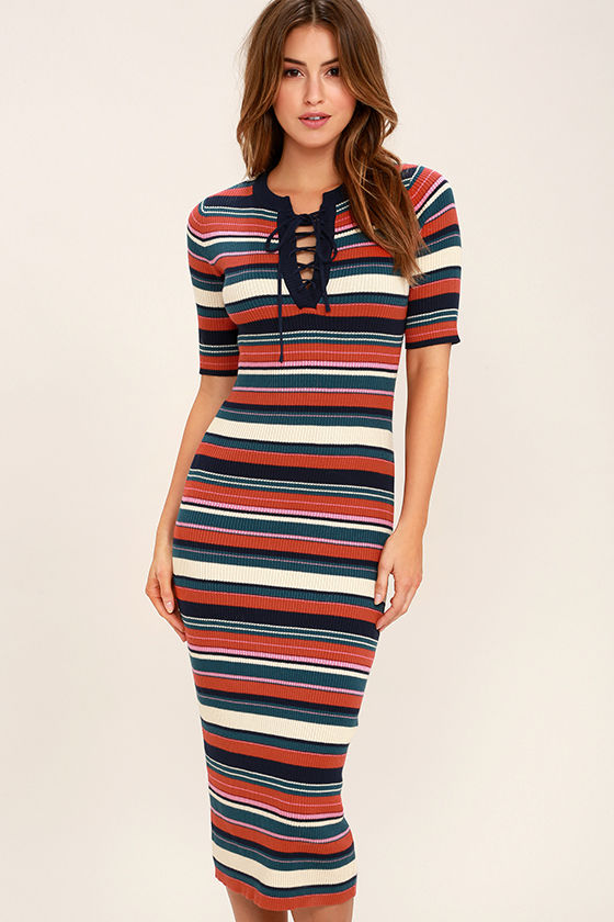 orange and blue striped dress