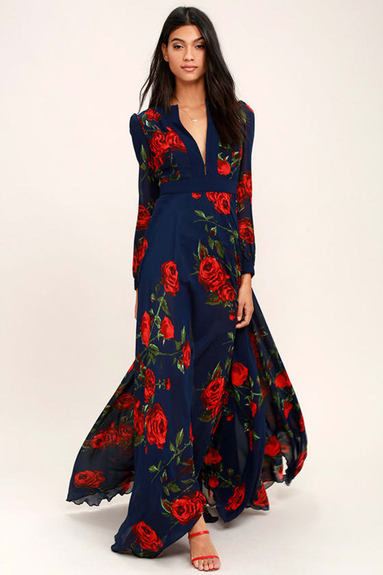 Stunning Floral Print Dress - Red and Navy Blue Maxi Dress - Long Sleeve  Maxi Dress - $136.00 - Lulus