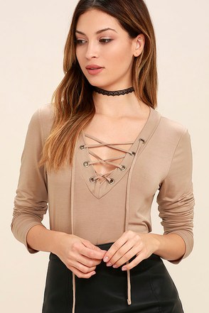 Cute Taupe Long Sleeve Top - Lace-Up Top - Jersey Knit Top - $34.00 - Lulus