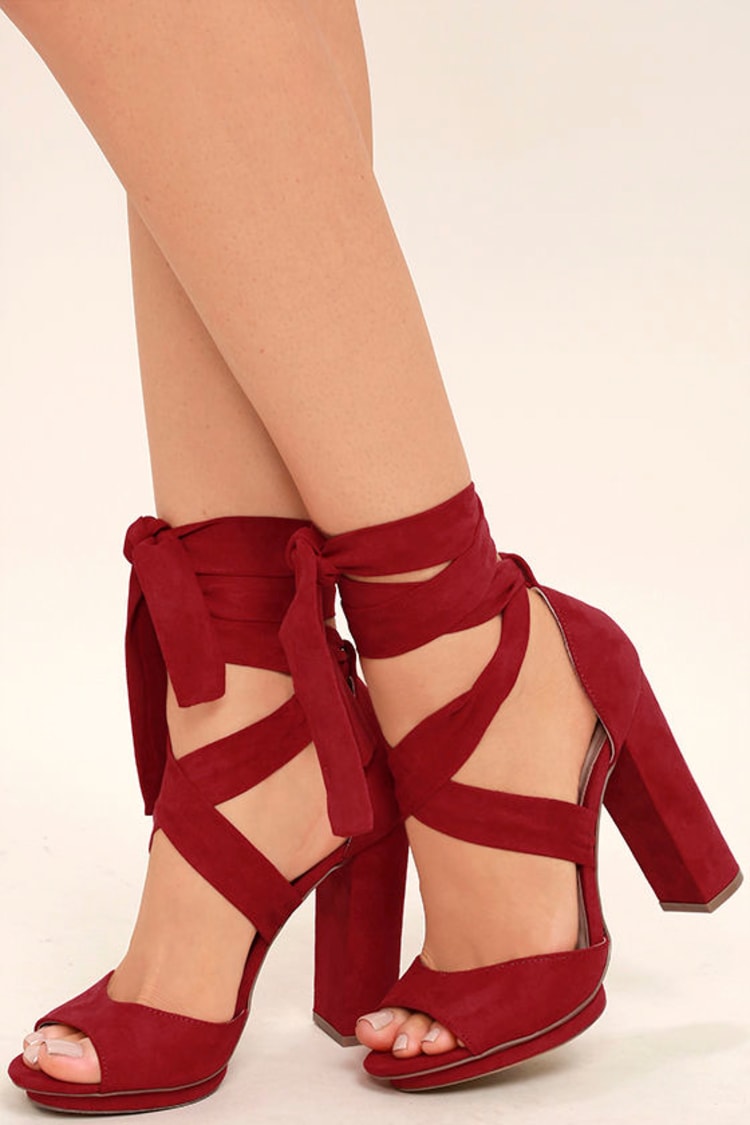 Lovely Dark Red Heels - Lace-Up Heels - Vegan Suede Heels - $33.00 - Lulus