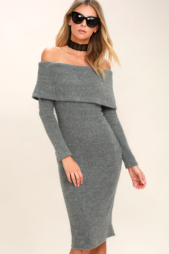 grey off the shoulder jumper dress