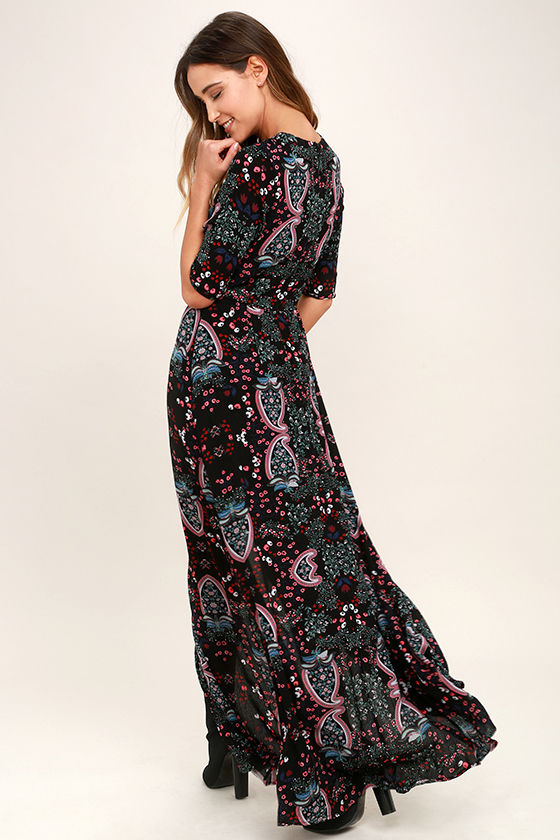 Lovely Black Dress - Floral Print Dress - Maxi Dress - Lace-Up Dress ...