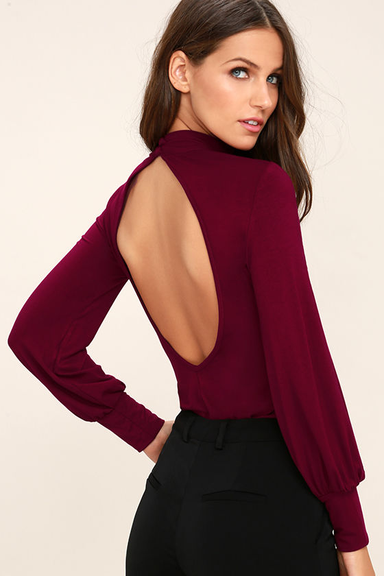 Chic Wine Red Top - Long Sleeve Top - Mock Neck Top - Backless Top ...