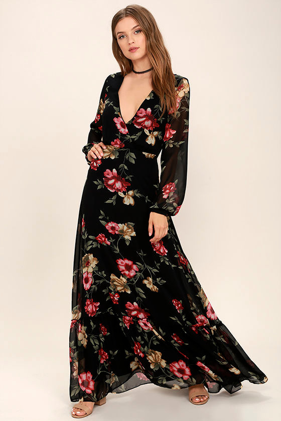 Stunning Black Floral Print Dress Long Sleeve Maxi Maxi Dress