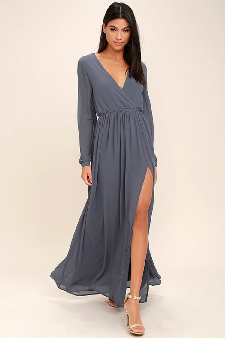 Lovely Slate Grey Dress - Maxi Dress - Long Sleeve Dress - $78.00 - Lulus