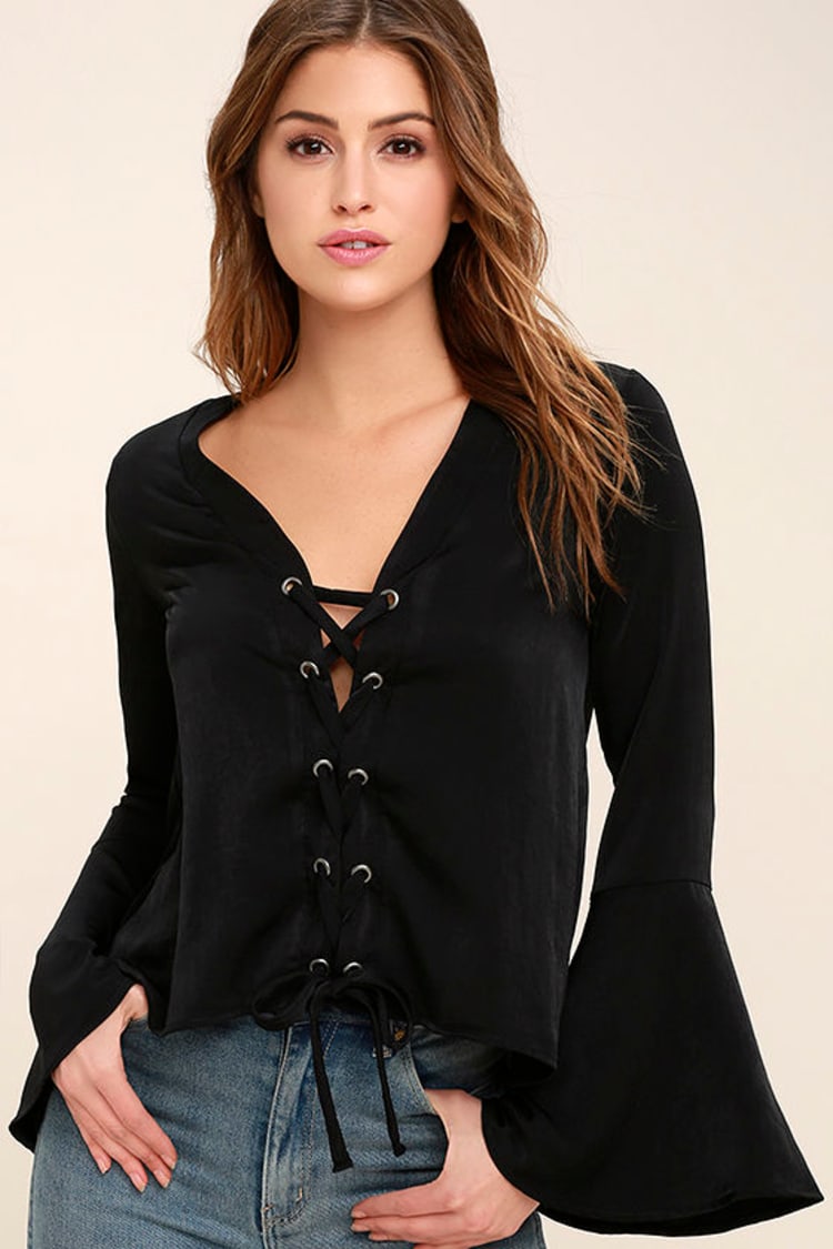 Lovely Black Top - Long Sleeve Top - Lace-Up Top - Satin Blouse - $43.00 -  Lulus